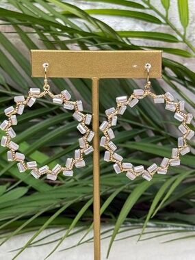 Gold Hoop Earrings Gray Faceted Beads Boho Chic Wire Wrapped Statement Earrings